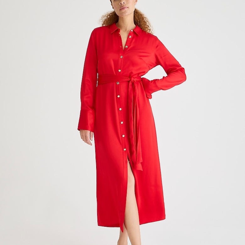 J.‎ Crew Red Silky Drapey Maxi Shirt Dress Belted Buttoned 12